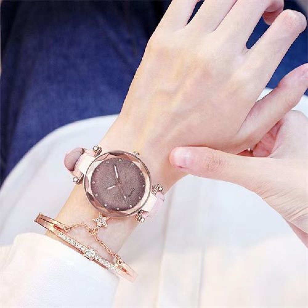 Women's Watch【Watch + Bracelet】Leather Strap Casual Ladies Watch + Bracelet