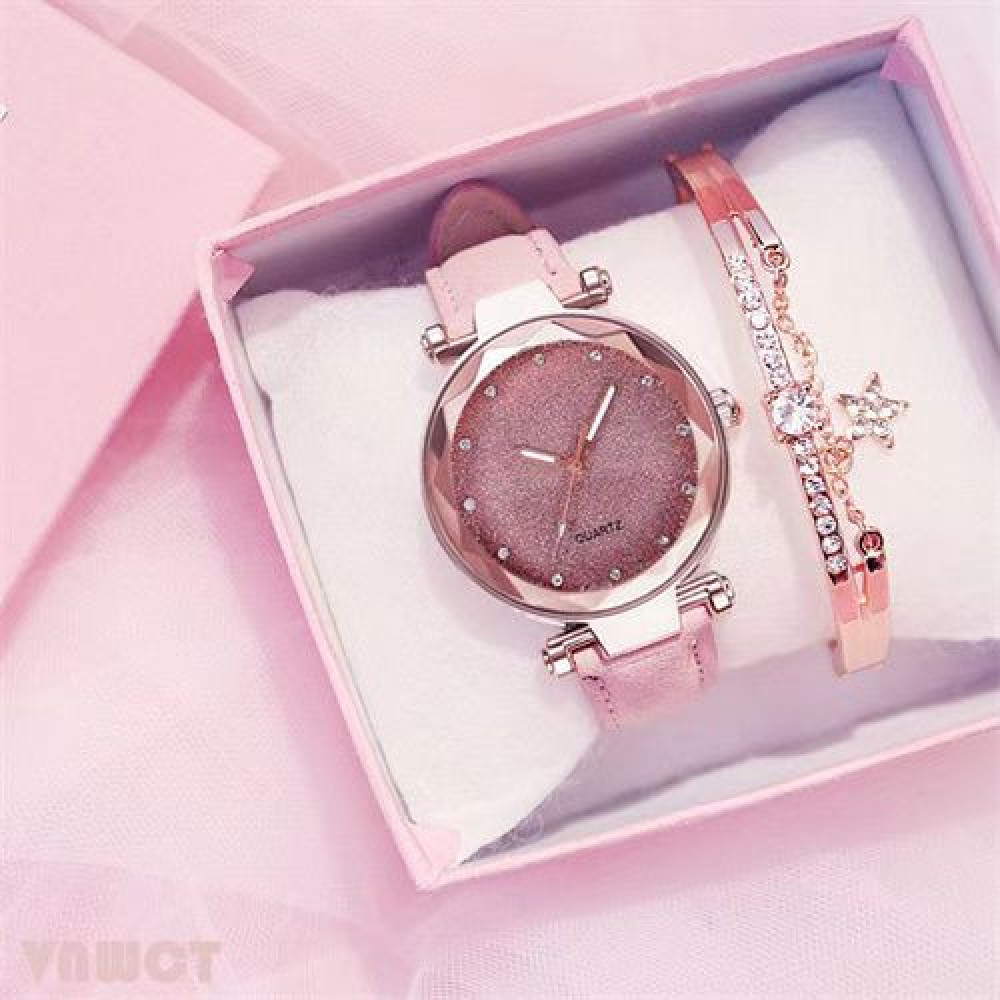 Women's Watch【Watch + Bracelet】Leather Strap Casual Ladies Watch + Bracelet