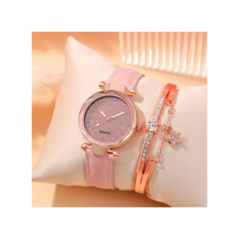 Women's Watch【Watch + Bracelet】Leather Strap Casual Ladies Watch + Bracelet