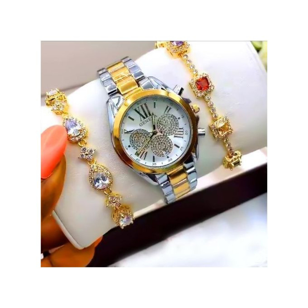 Geneva International Best Selling Solid Quality & Classy Solid Ladies Wrist Watch + 2 Classic Bracelets